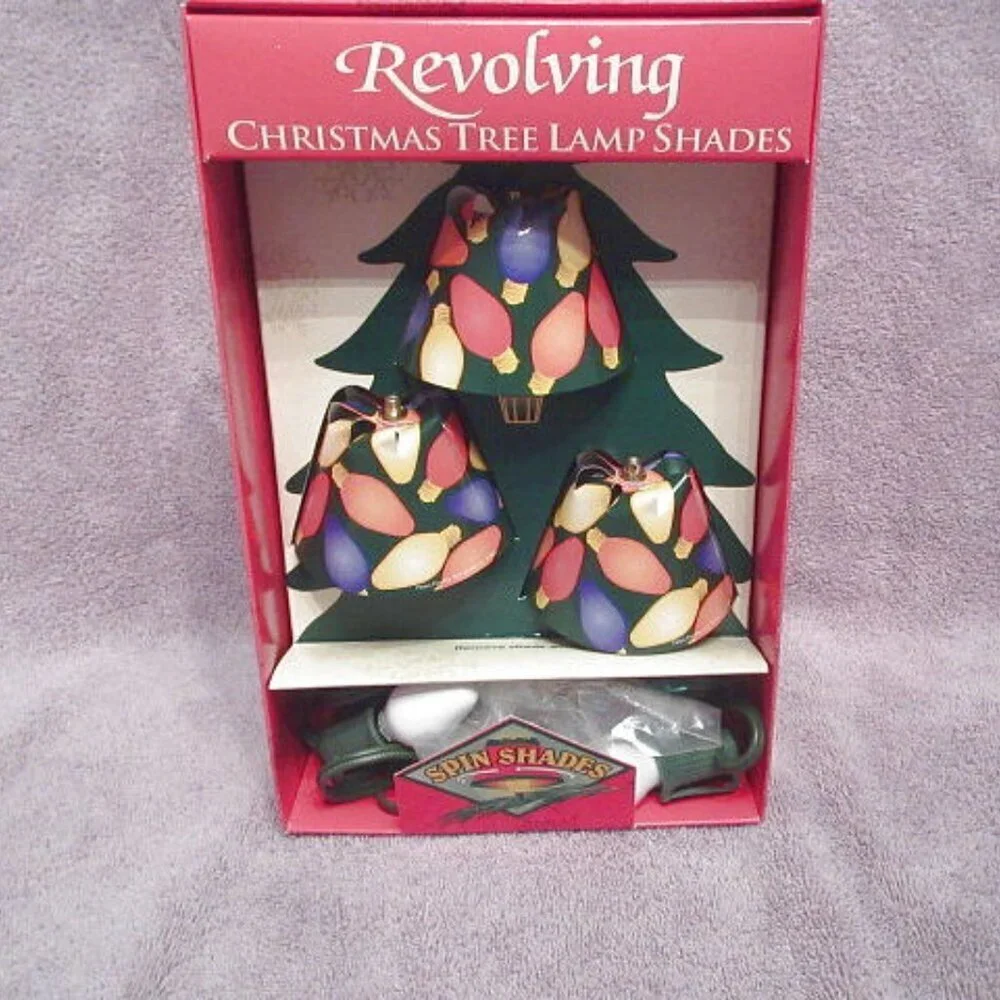 Vtg Revolving Christmas Tree Lamp Shades Set Of 3 With Light Bulbs Holiday NOS